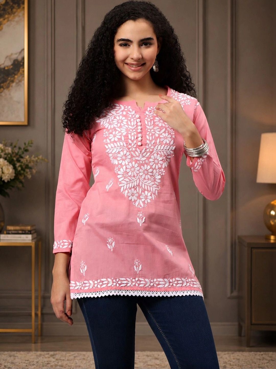 Seva Chikan Floral Embroidered Chikankari Straight Kurti-picture-16