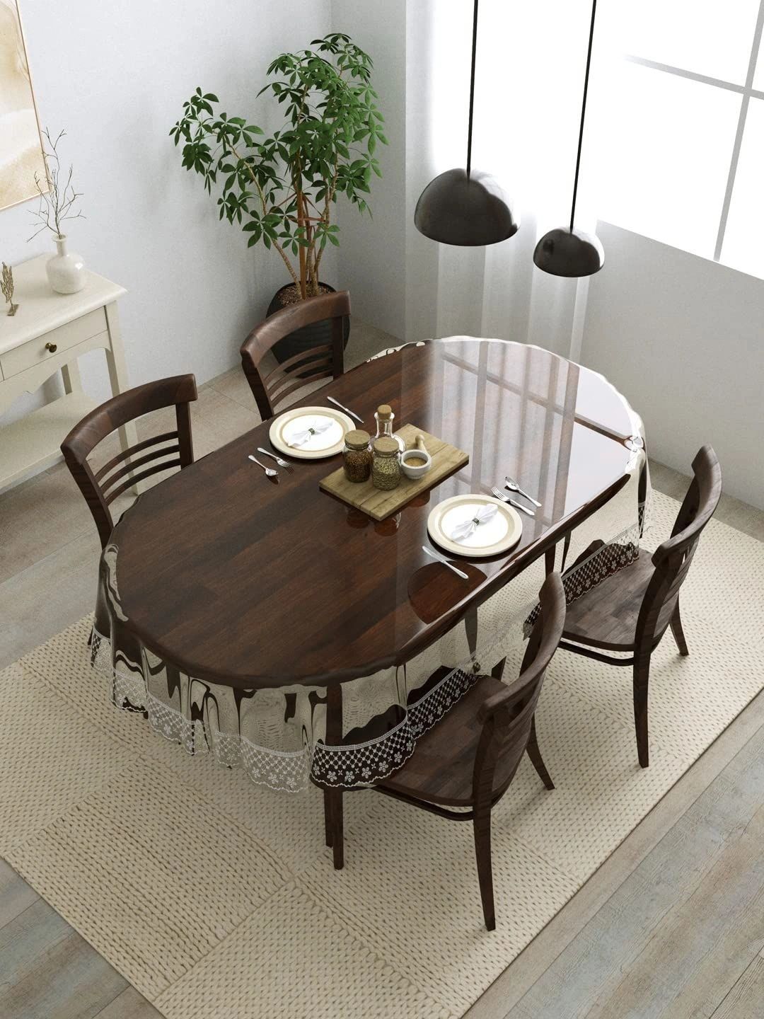 Myntra Elegant Homes Silver-Toned Floral Waterproof Oval 4-Seater Table Cover with Embellished details-picture-27