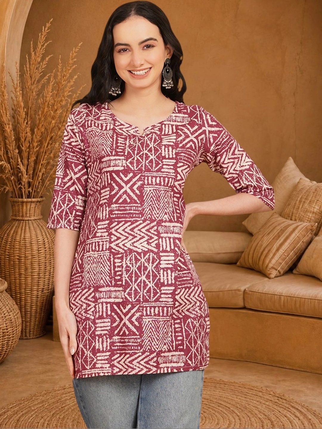 Anouk Rustic Geometric Printed V-Neck Pure Cotton Blend Khadi Kurti-picture-39