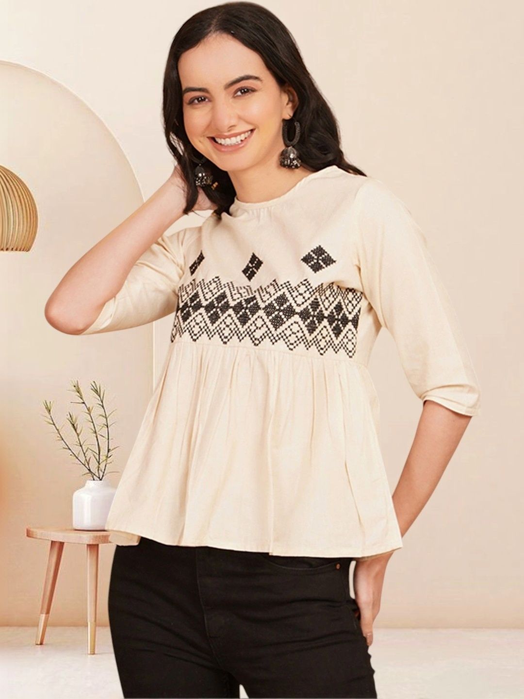 KALAMIR Geometric Embroidered Pure Cotton Blend Khadi Empire Kurti-picture-12