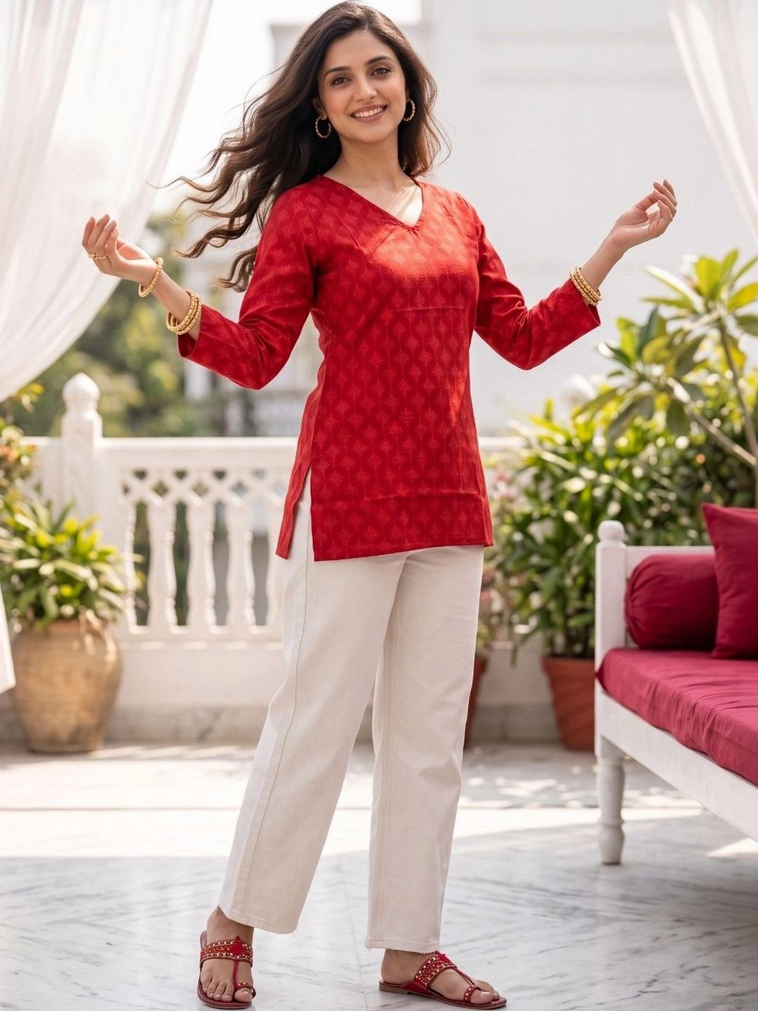 ZIVRAA Ethnic Motifs Printed V-Neck Pure Cotton Kurti-picture-40