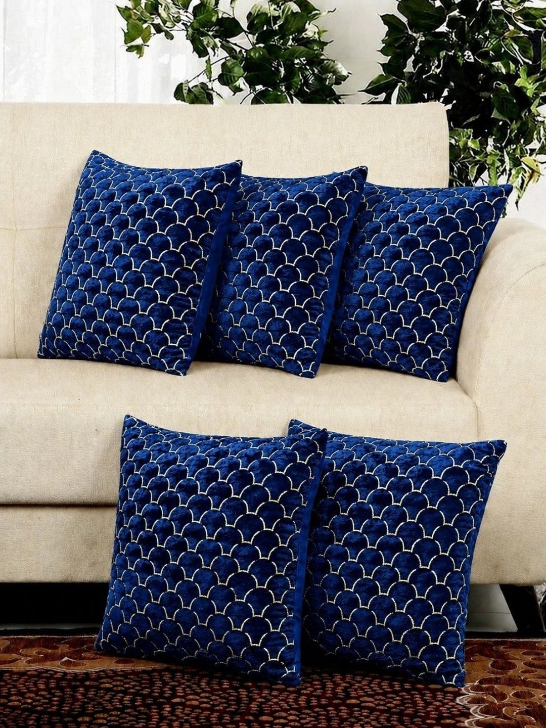 LOFEY Blue Set of 5 Geometric Velvet Square Cushion Covers-image-43