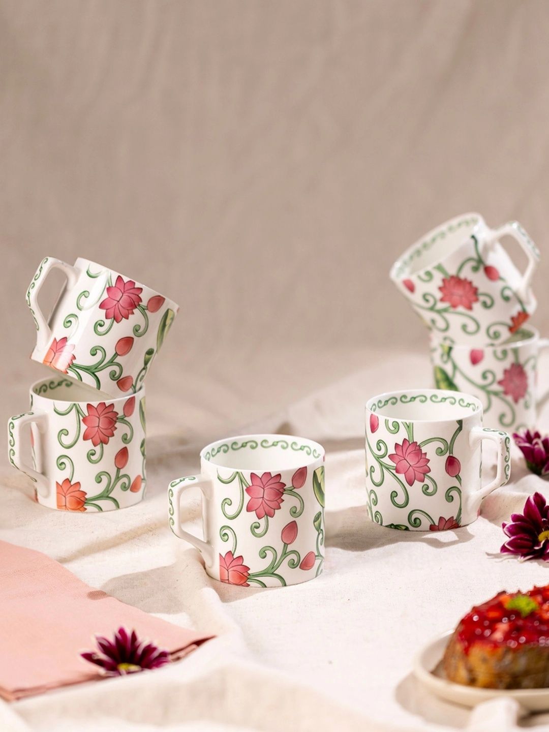 GOLDEN QUEEN'S Pink Floral Printed Bone China Glossy Mugs Set of Cups and Mugs-image-12
