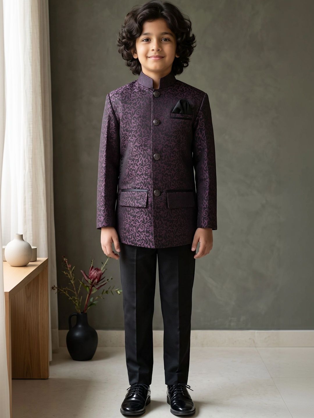 ahhaaaa Boys Embroidered Mandarin Collar Bandhgala Jodhpuri Sherwani Set-picture-57
