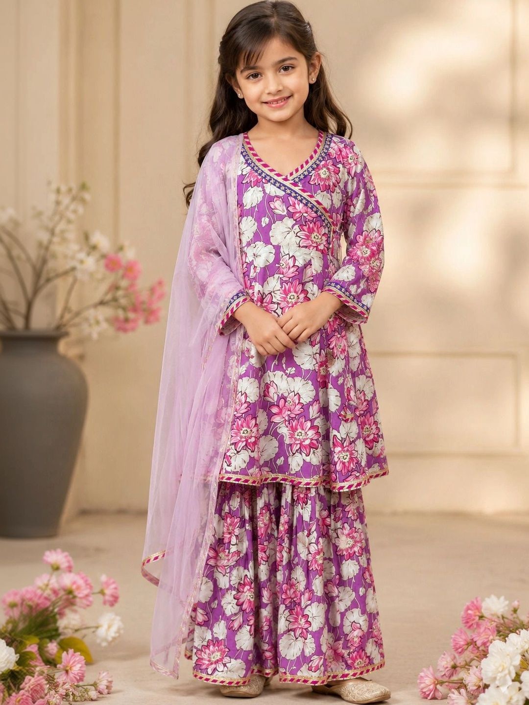 Bitiya by Bhama Girls Floral Printed Angrakha Pure Cotton Kurta with Sharara & With Dupatta-picture-10