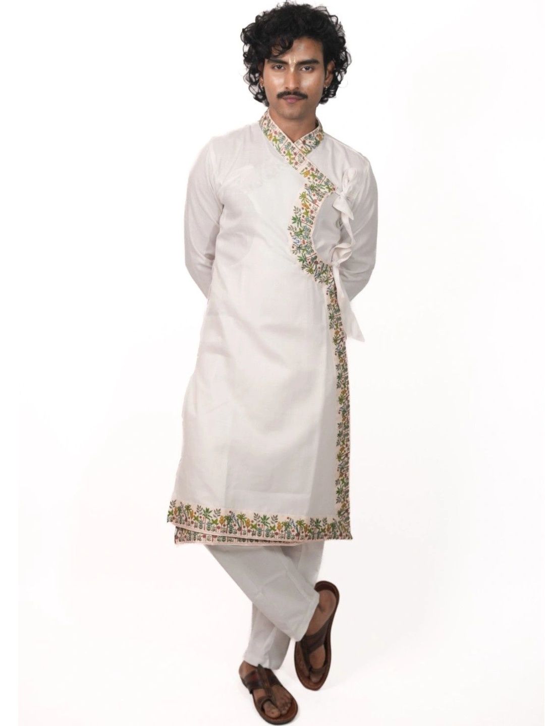 DHARniya Men Floral Embroidered Angrakha Thread Work Pure Cotton Kurta with Pyjamas-picture-34