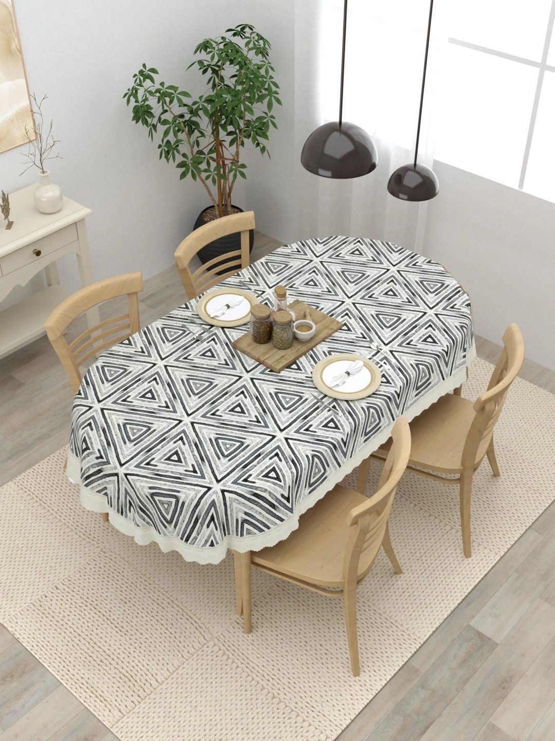 Myntra Elegant Homes White Geometric Printed Waterproof Oval 4-Seater Table Cover-picture-55