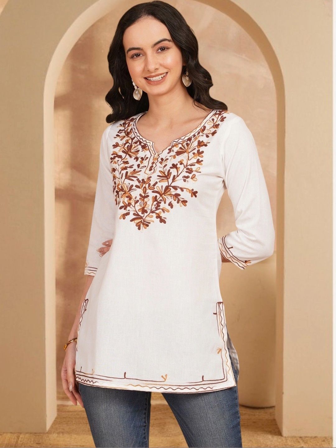 Anouk Rustic Ethnic Motifs Embroidered V-Neck Thread Work Pure Cotton Blend Khadi Thread Work Kurti-picture-14