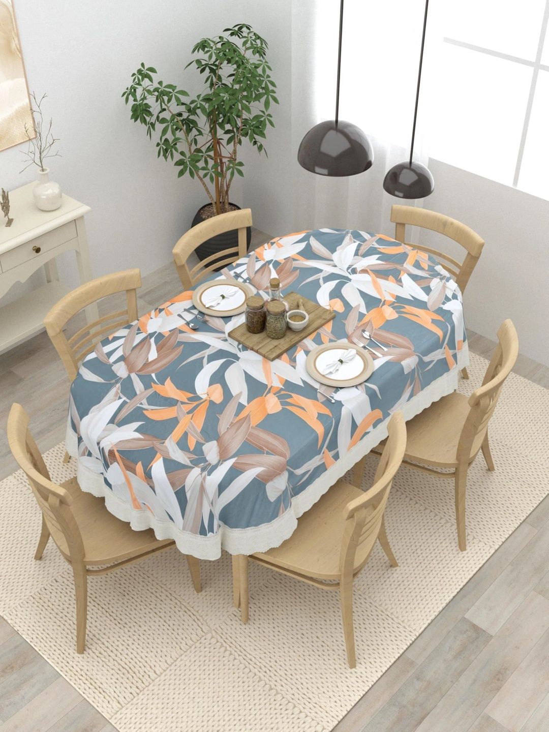 Aura White Floral Waterproof Oval 6-Seater Table Cover-picture-14