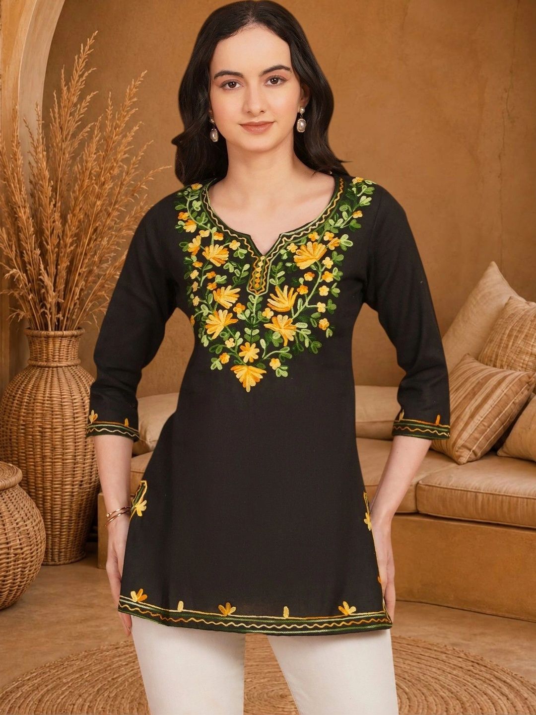 Anouk Rustic Floral Embroidered V-Neck Thread Work Pure Cotton Blend Khadi Thread Work Kurti-picture-16