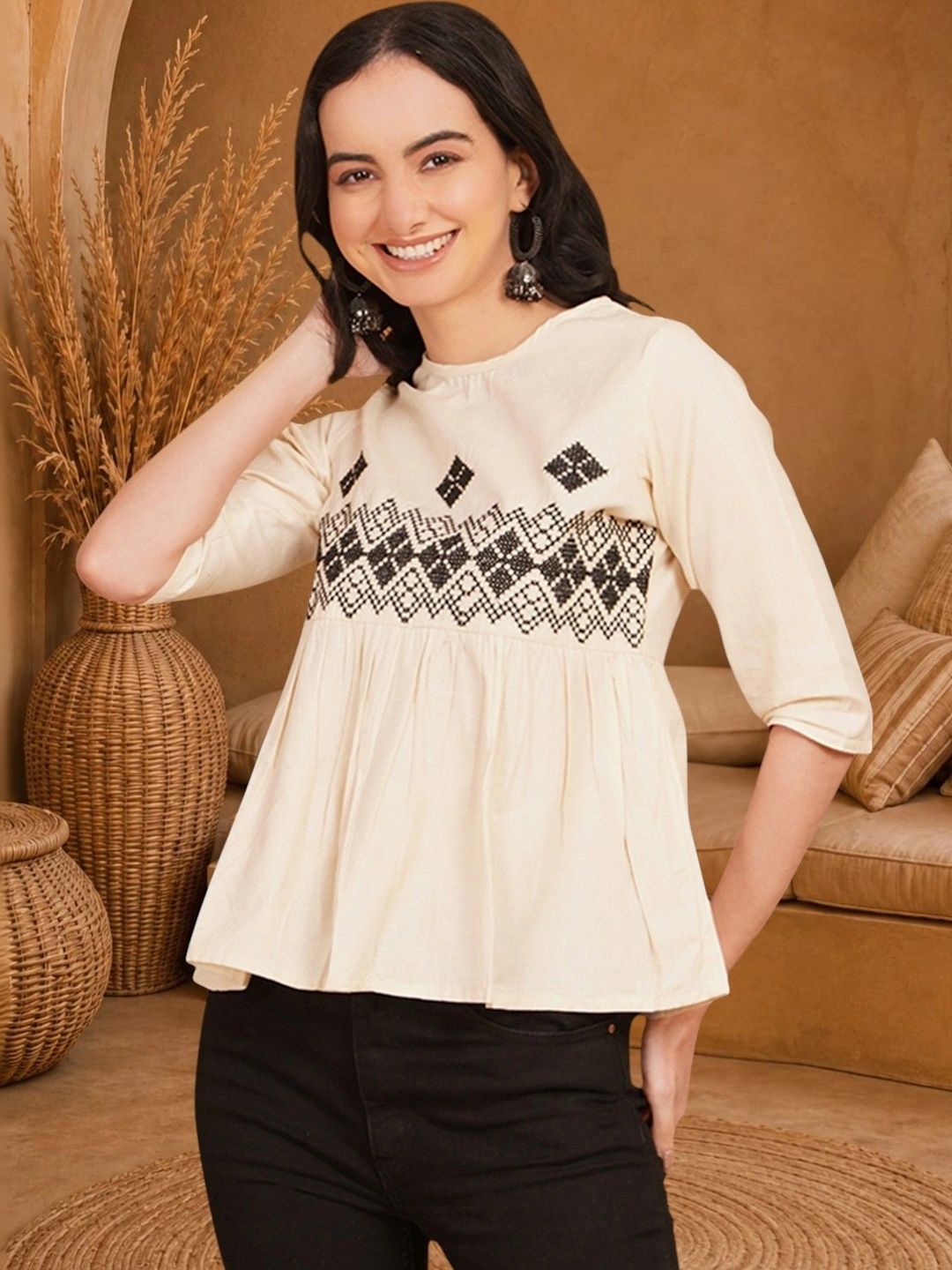 Anouk Rustic Geometric Embroidered Thread Work Pure Cotton Blend Khadi Thread Work Empire Kurti-picture-32
