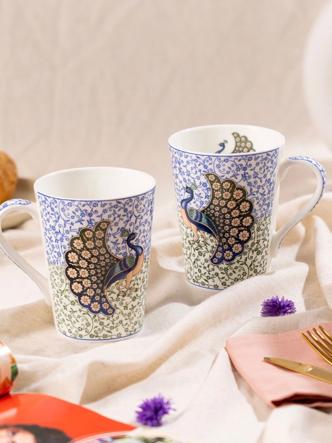 GOLDEN QUEEN'S Blue Ethnic Motifs Printed Bone China Glossy Mugs Set of Cups and Mugs-picture-20