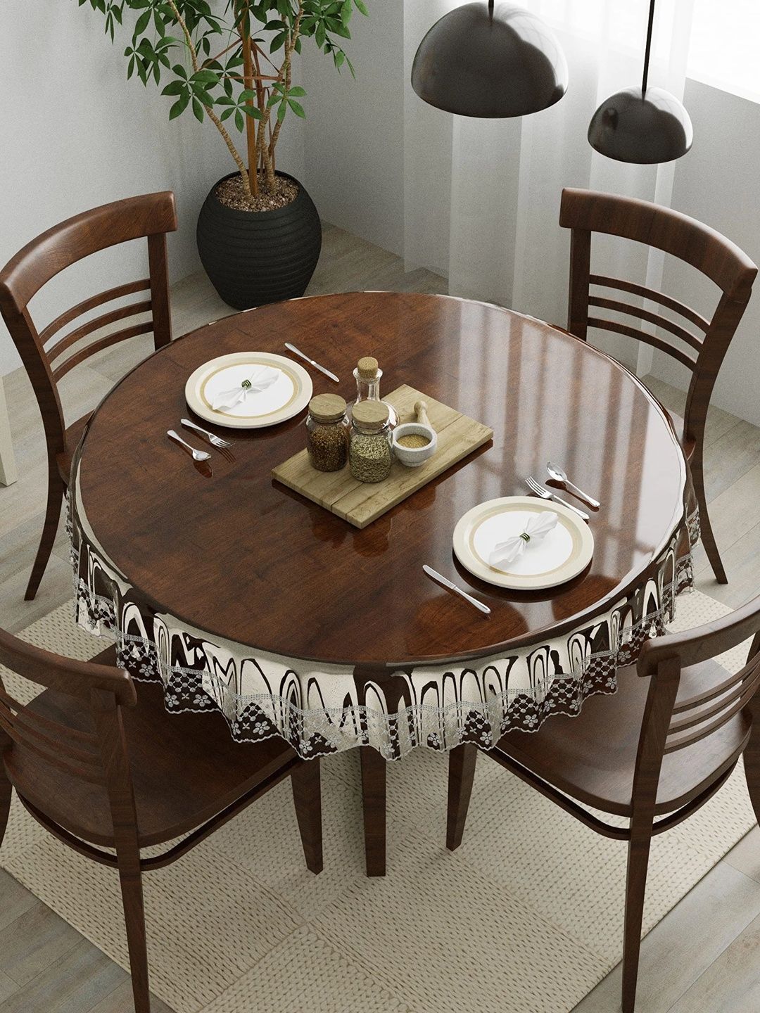 Aura Silver-Toned Floral Waterproof Round 4-Seater Table Cover with Embellished details-picture-10