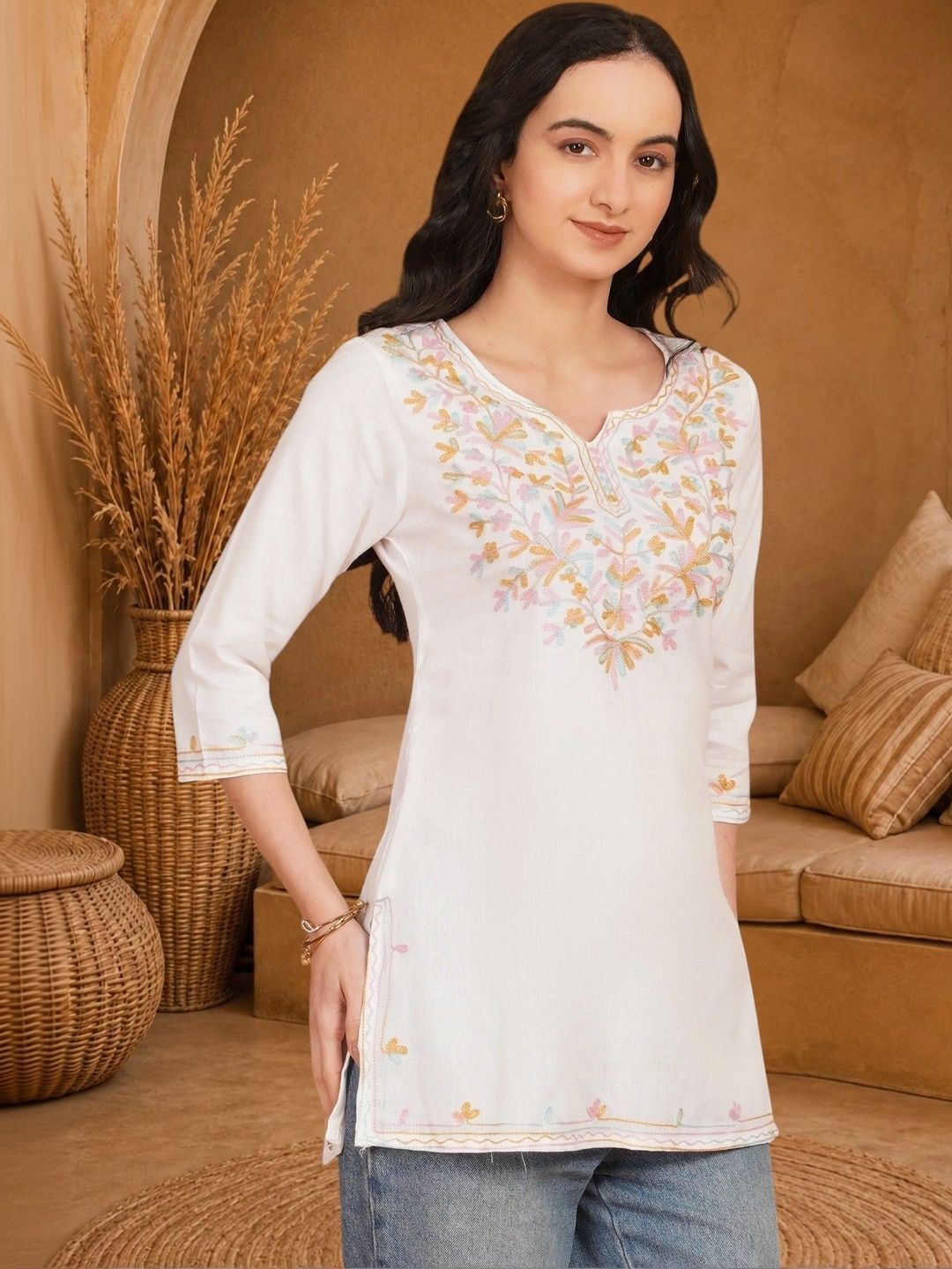Anouk Rustic Ethnic Motifs Embroidered V-Neck Thread Work Pure Cotton Blend Khadi Thread Work Kurti-picture-19