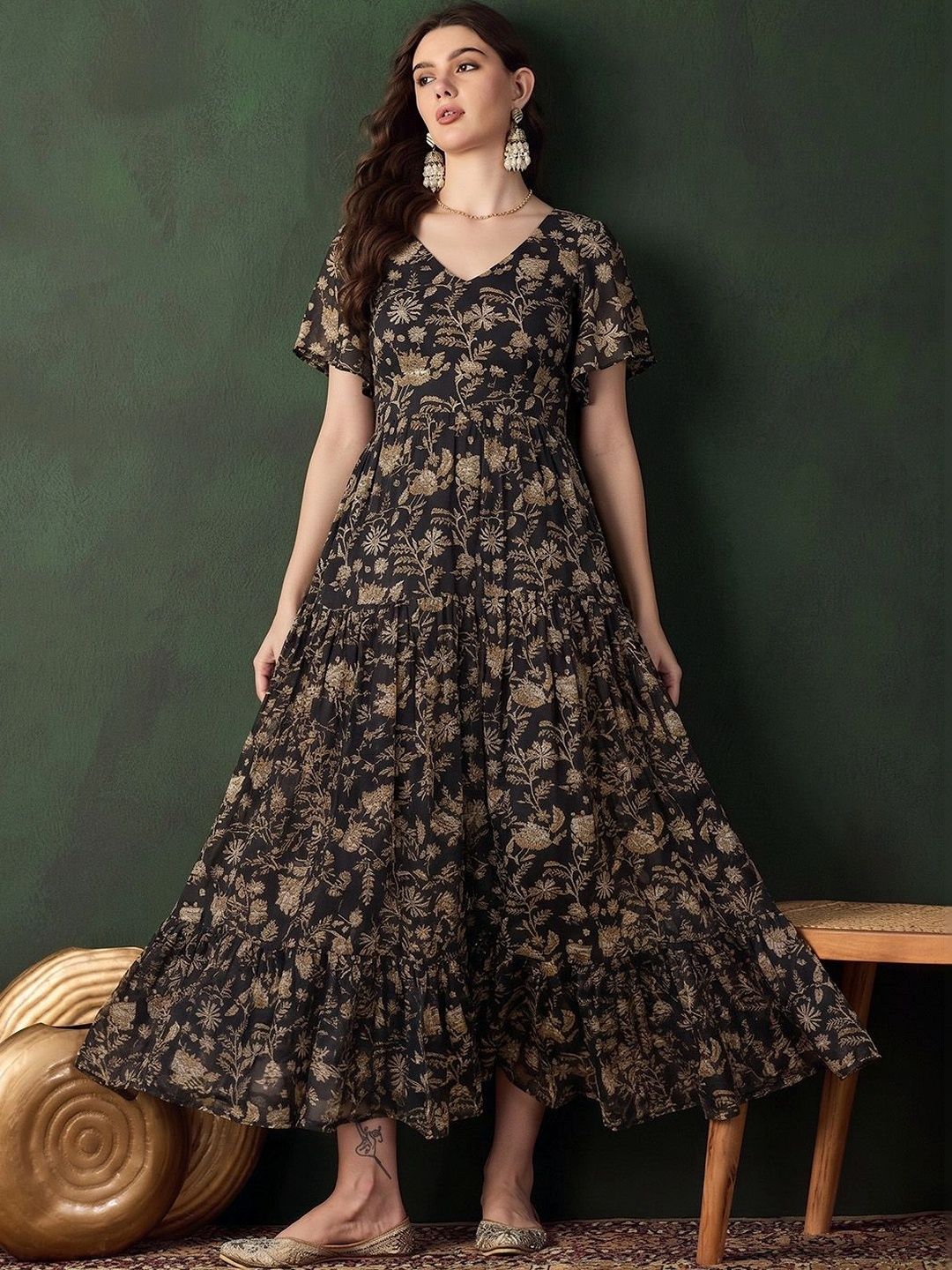 Sangria Printed Cotton V-Neck A-Line Dress-image-27