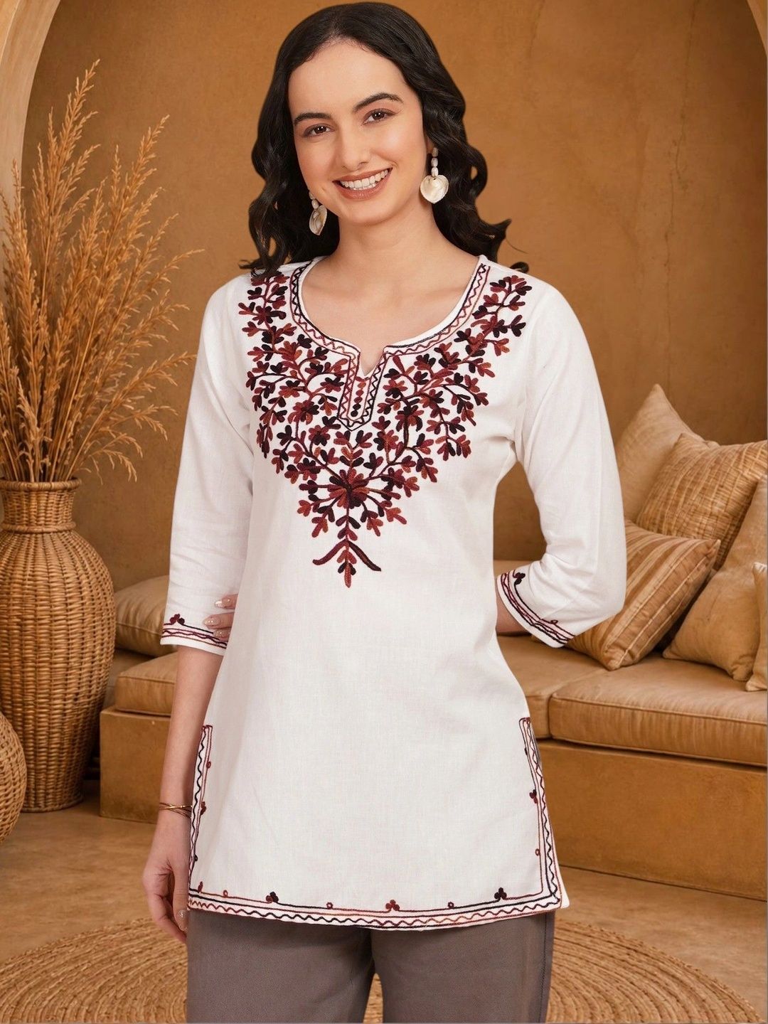 Anouk Rustic Ethnic Motifs Embroidered V-Neck Thread Work Pure Cotton Blend Khadi Thread Work Kurti-picture-24