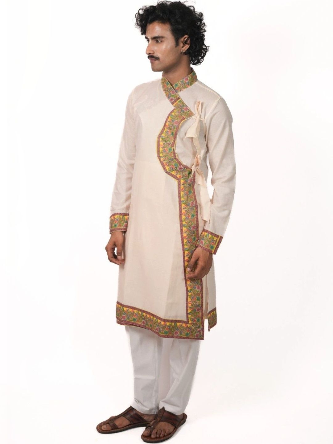 DHARniya Men Ethnic Motifs Embroidered Angrakha Thread Work Pure Cotton Kurta with Pyjamas-picture-18