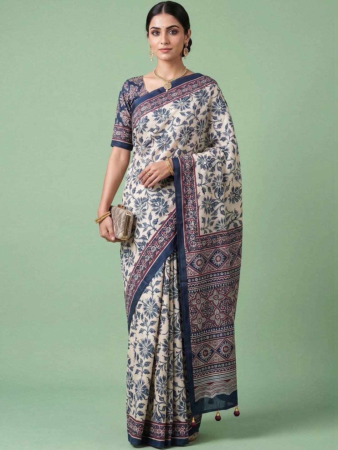 Sangria Kalamkari Satin Designer Block Print Saree-picture-37