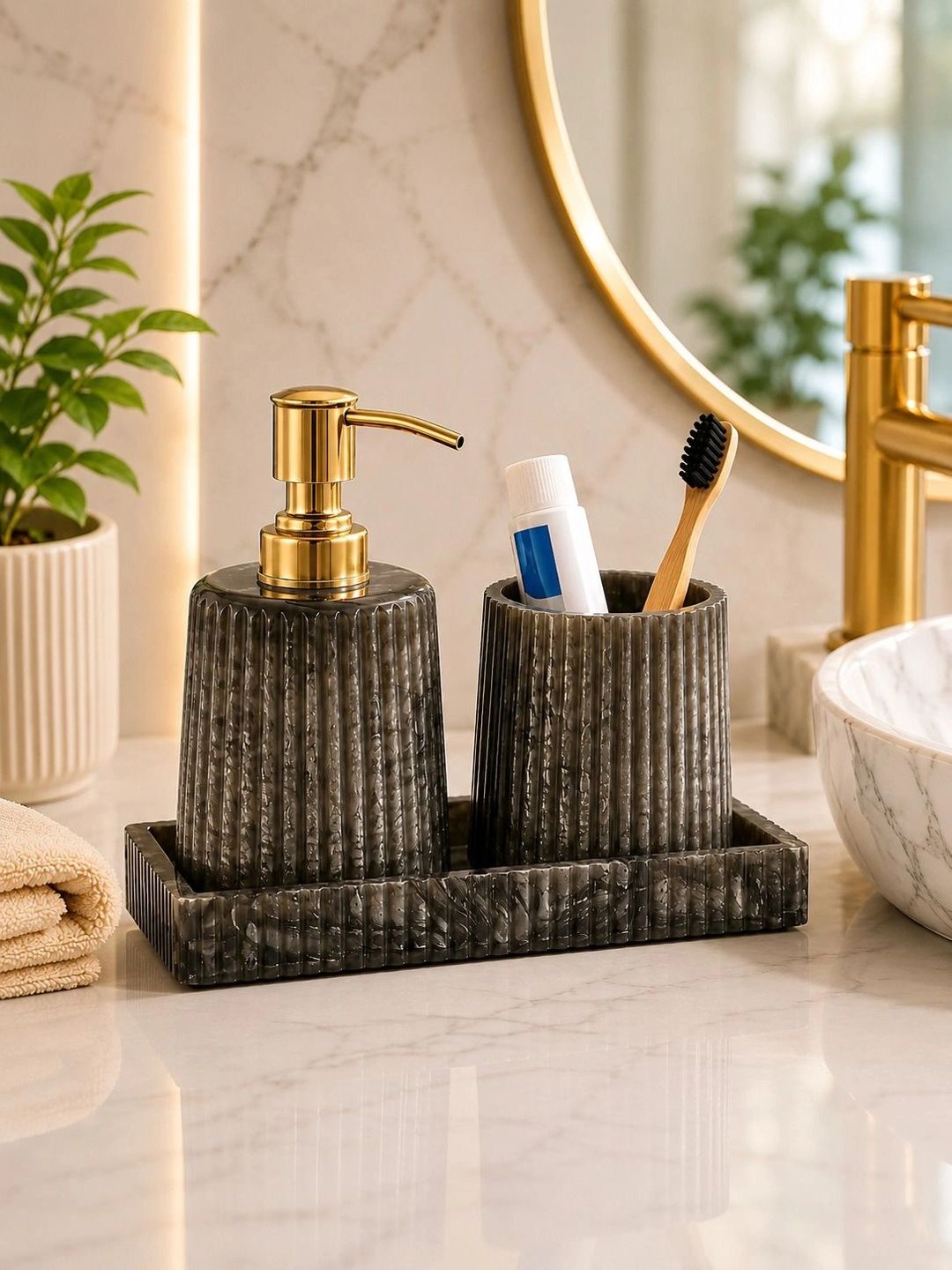 GRD INTERNATIONAL Charcoal 3 piece Textured Resin Bath Accessories Set-image-48
