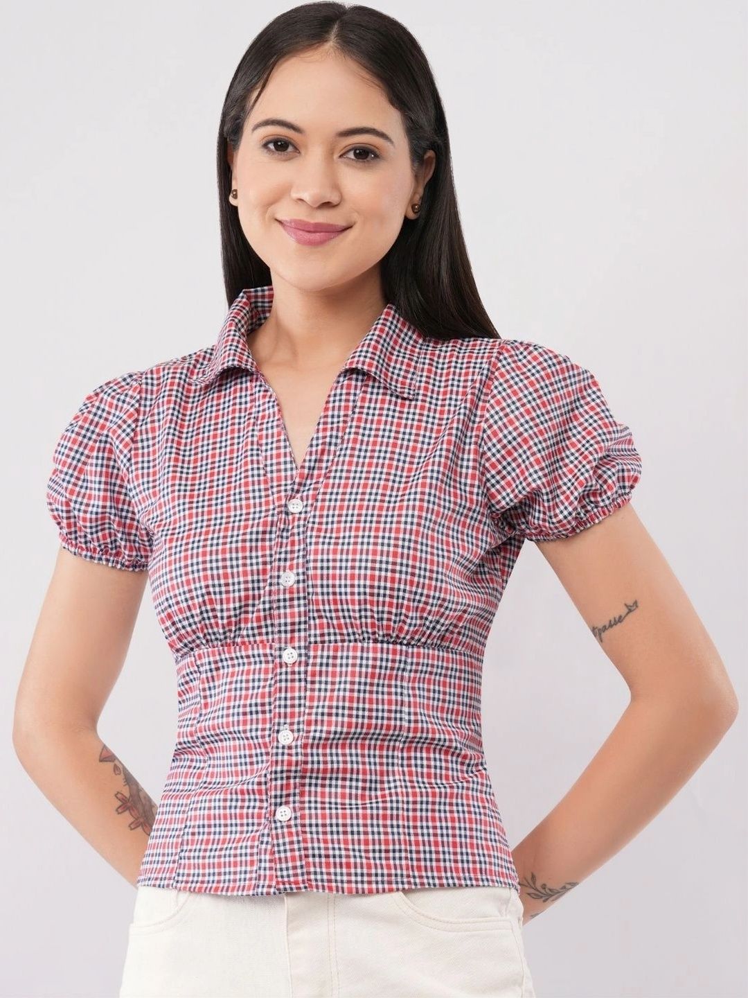 MINTBLU Checked Puff Sleeve Top-picture-42