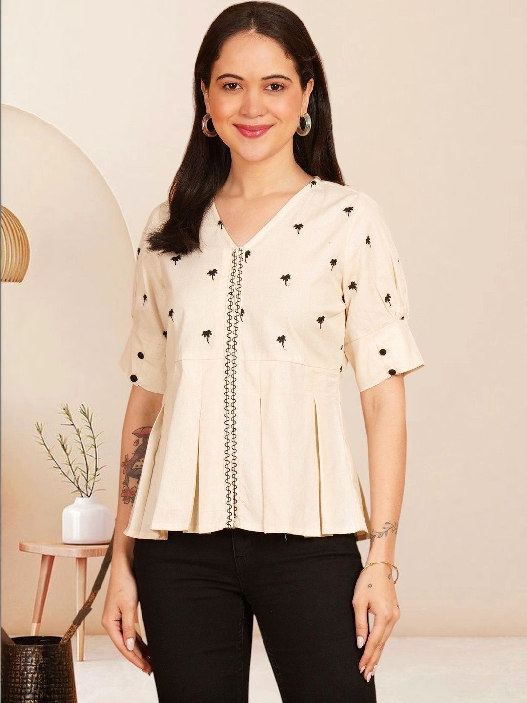 KALAMIR Ethnic Motifs Embroidered V-Neck Pure Cotton Blend Khadi Pleated Kurti-picture-36