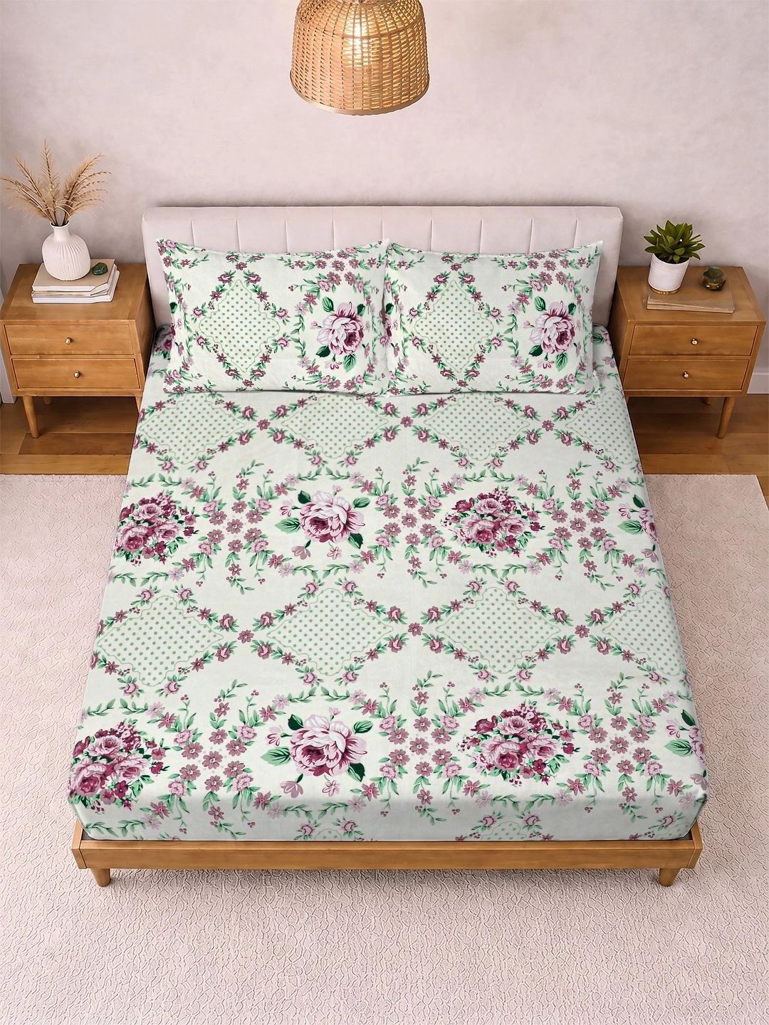 KLOTTHE Cream-Coloured & Pink Floral 300 TC King Bedsheet with 2 Pillow Covers-image-8