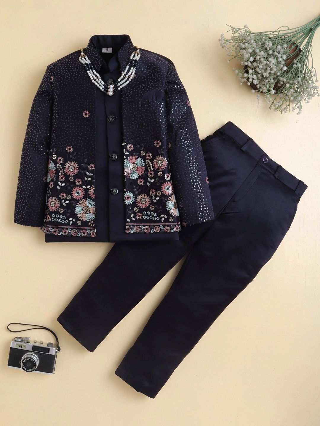 Sangria Boys Floral Sequined Embroidered Sherwani with Trouser, Waistcoat & Necklace-image-44