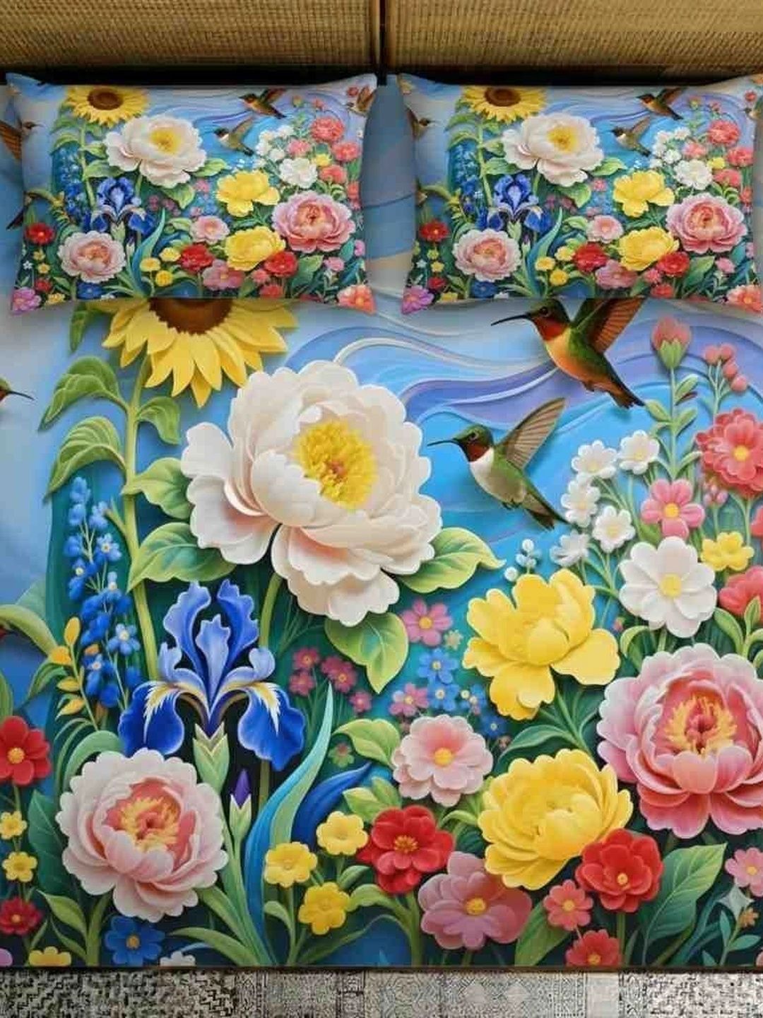MAA HOME CONCEPT Blue & Blue Floral 400 TC Bedsheet with 2 Pillow Covers-image-42
