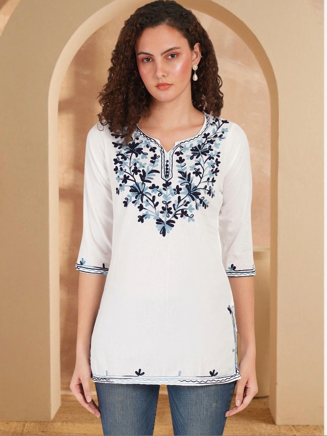 Anouk Rustic Floral Embroidered V-Neck Pure Cotton Blend Khadi Kurti-picture-28