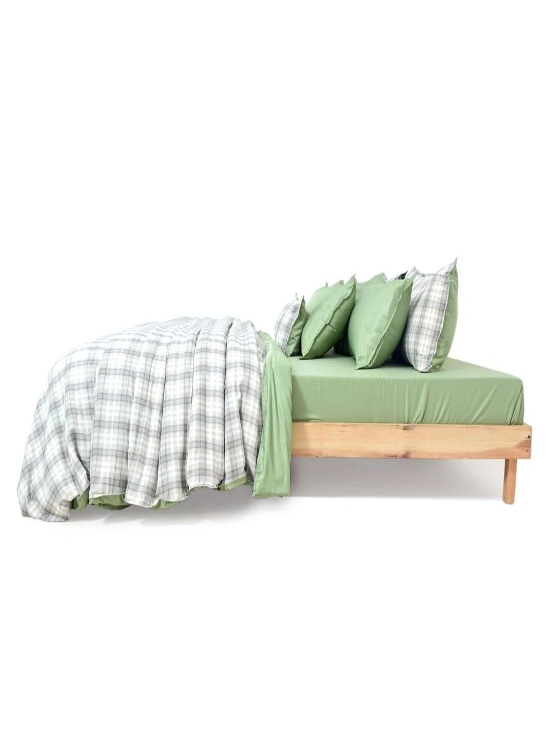 Zarf Green & Grey Checked Cotton 9 Piece Single Superfine Bedding Set-image-34
