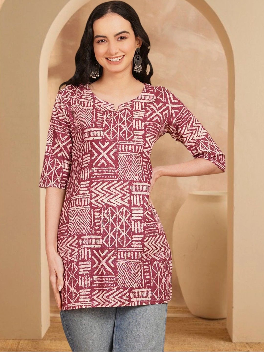 Anouk Rustic Geometric Printed V-Neck Pure Cotton Blend Khadi Kurti-picture-28