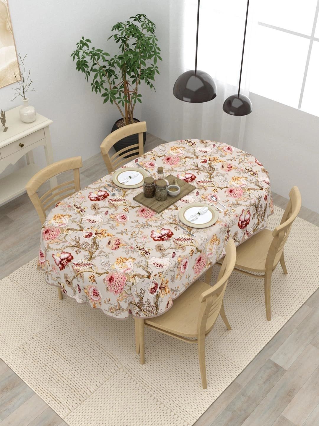 Aura White Floral Cotton Oval 4-Seater Table Cover-picture-46