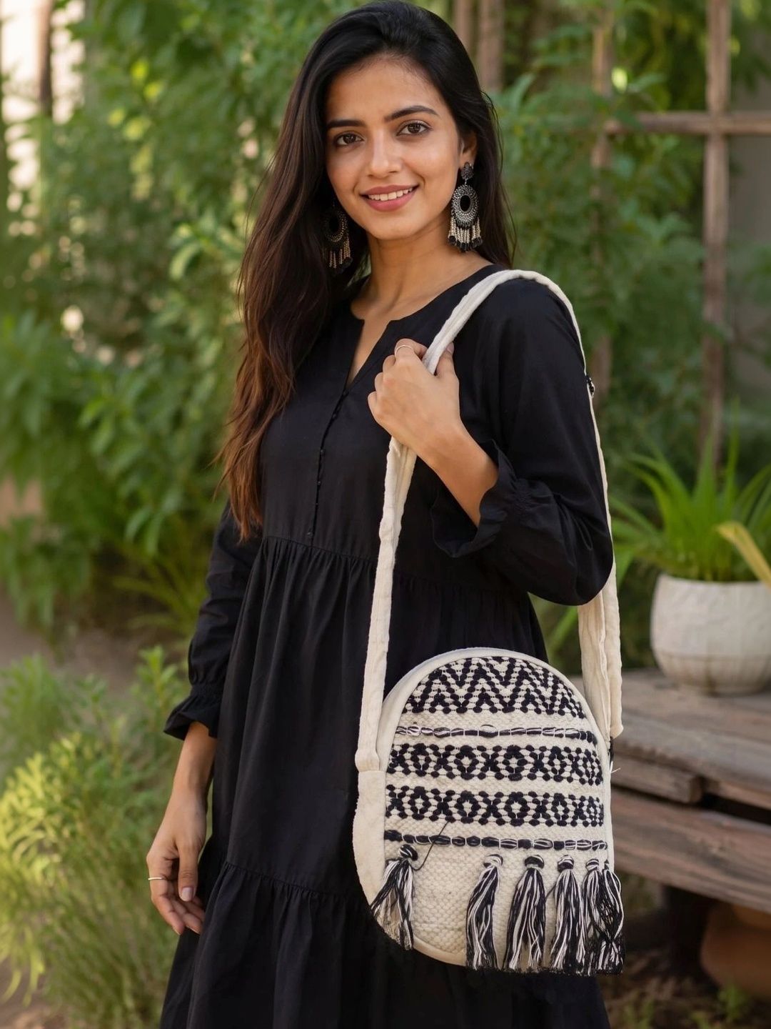 Monamaar Geometric Textured Sling Bag with Tasselled-image-47