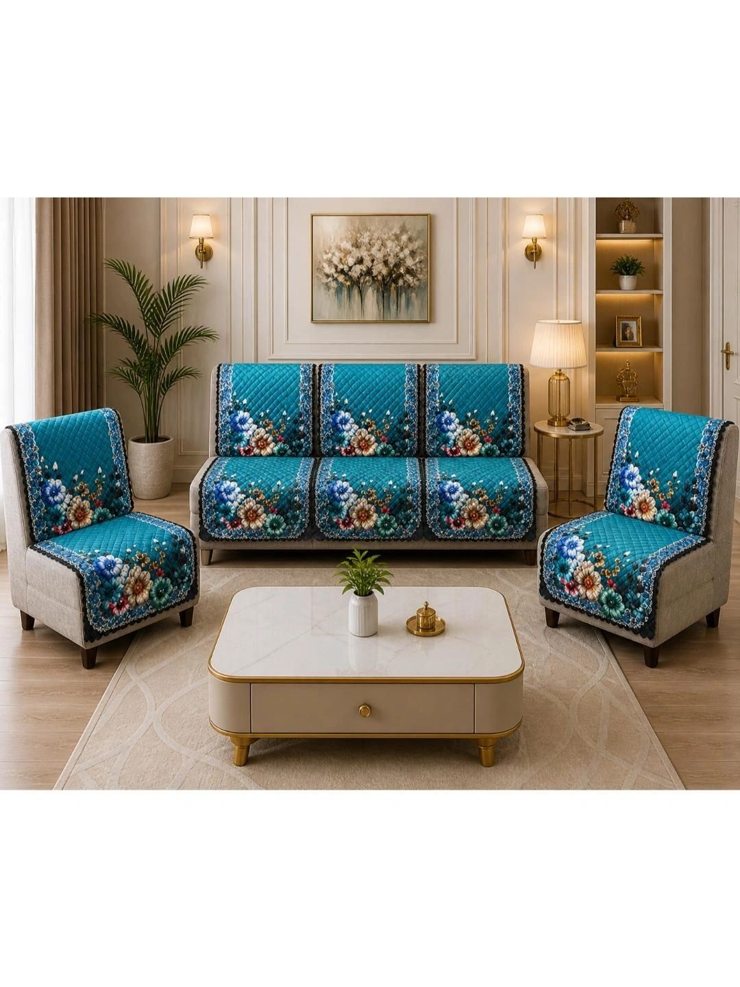 GOVINDIKA Blue Printed Cotton Blend Sofa Cover Without Arms-picture-31