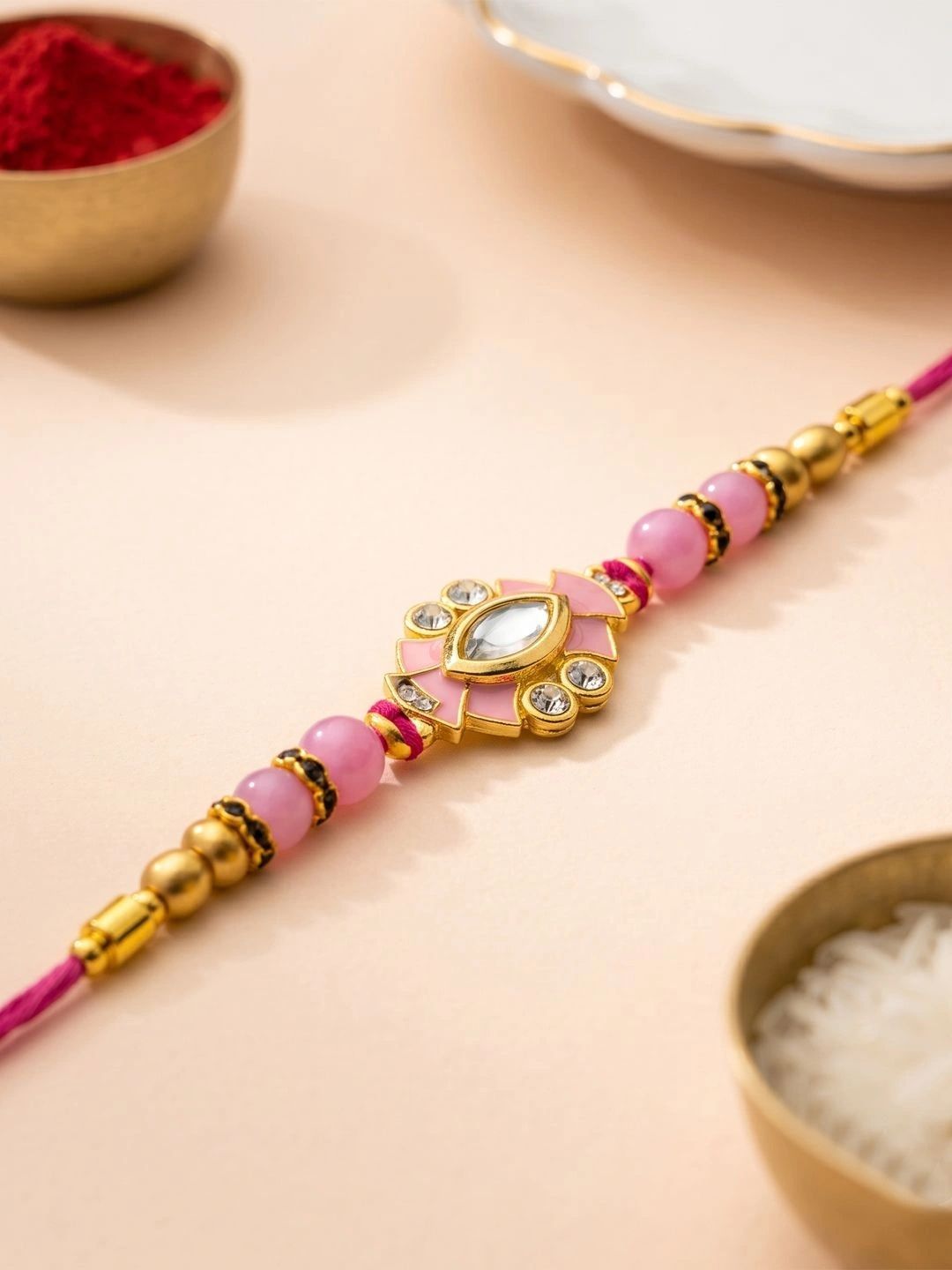 ADIVA Pink Floral Thread Rakhi with Roli Chawal Chandan and Meshrei Card-picture-35