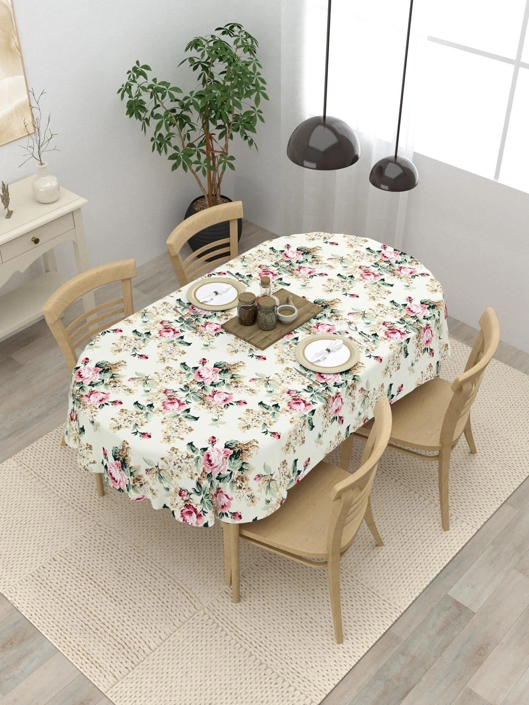Myntra Elegant Homes Cream-Coloured Floral Cotton Oval 6-Seater Table Cover-picture-29