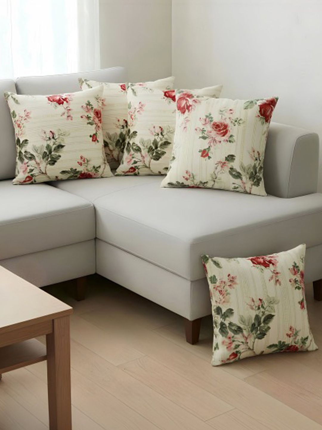 Aura Beige Set of 5 Floral Square Cushion Covers-picture-21