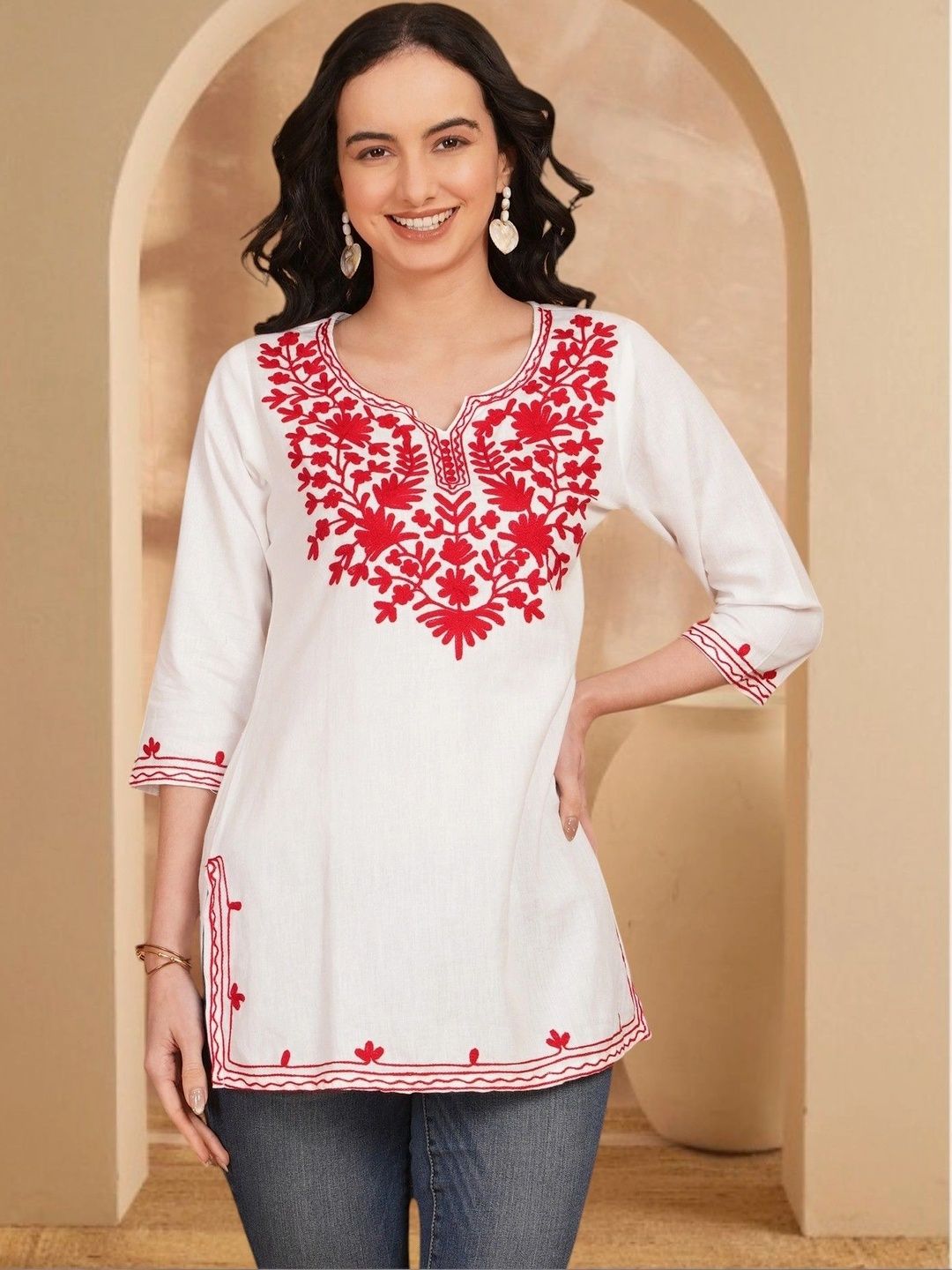 Anouk Rustic Floral Embroidered V-Neck Thread Work Pure Cotton Blend Khadi Thread Work Kurti-picture-53