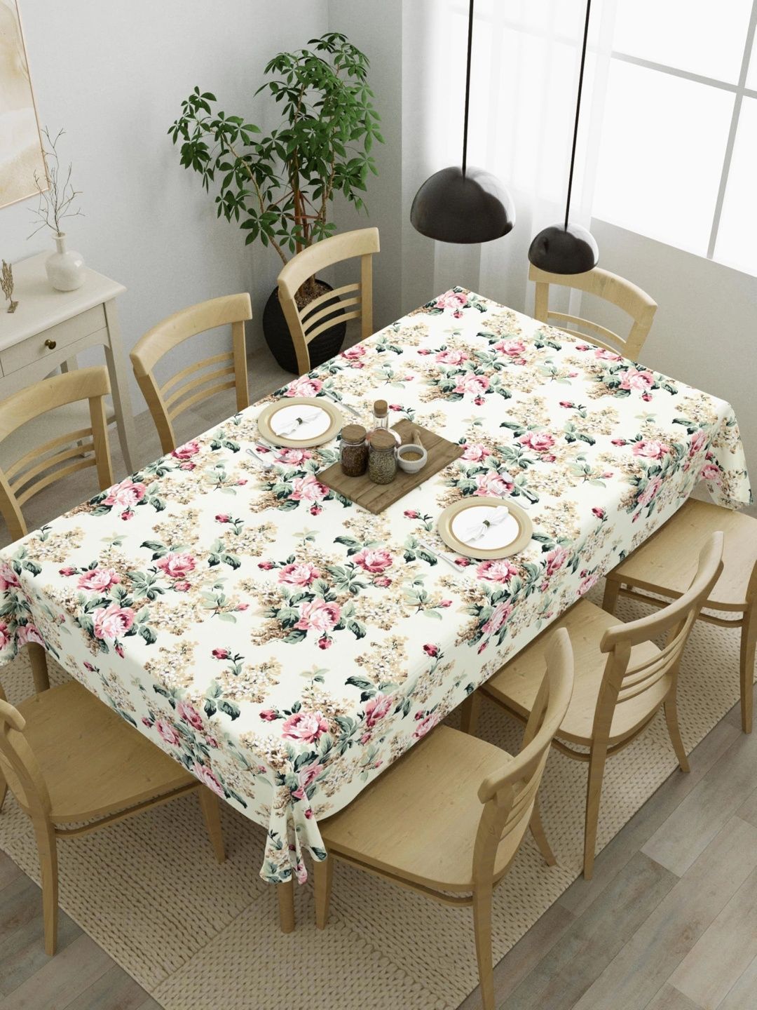 Myntra Elegant Homes Cream-Coloured Floral Cotton 6-Seater Table Cover-picture-53