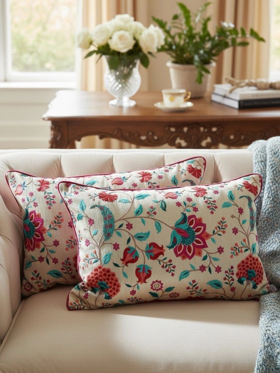 TARA- Sparkling Homes Cream-Coloured & Multicoloured Set of 2 Floral Rectangle Cushion Covers-picture-21