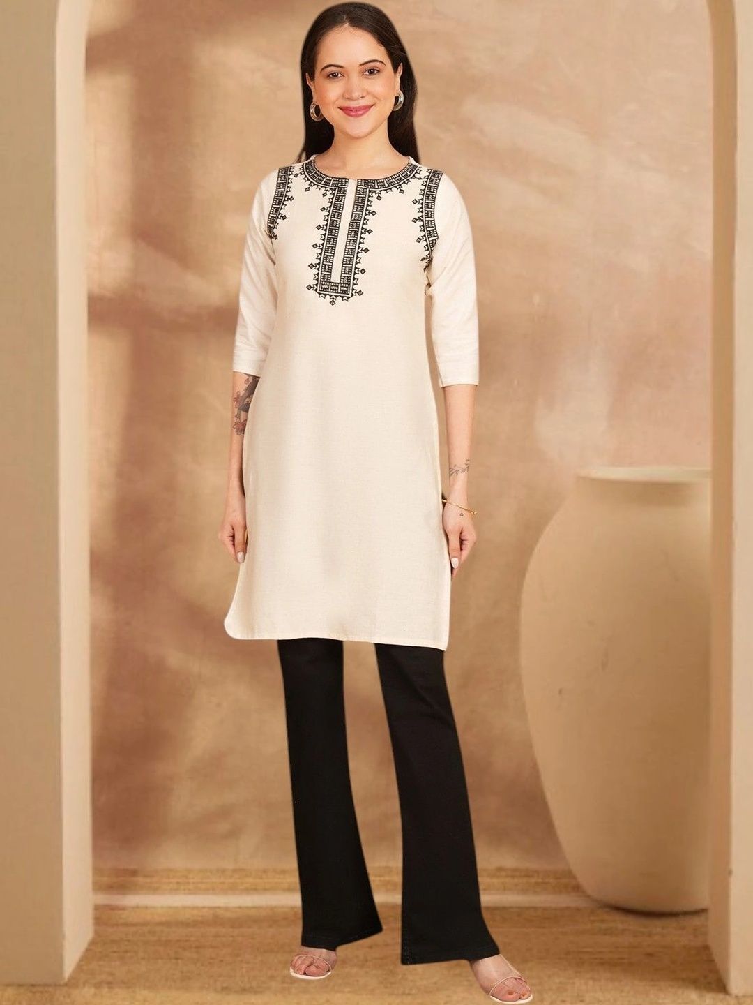 Anouk Rustic Ethnic Motifs Embroidered Thread Work Pure Cotton Blend Khadi Thread Work Kurti-picture-31