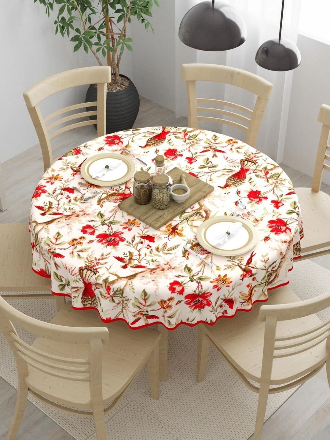 Aura Red Floral Cotton Round 6-Seater Table Cover-image-24