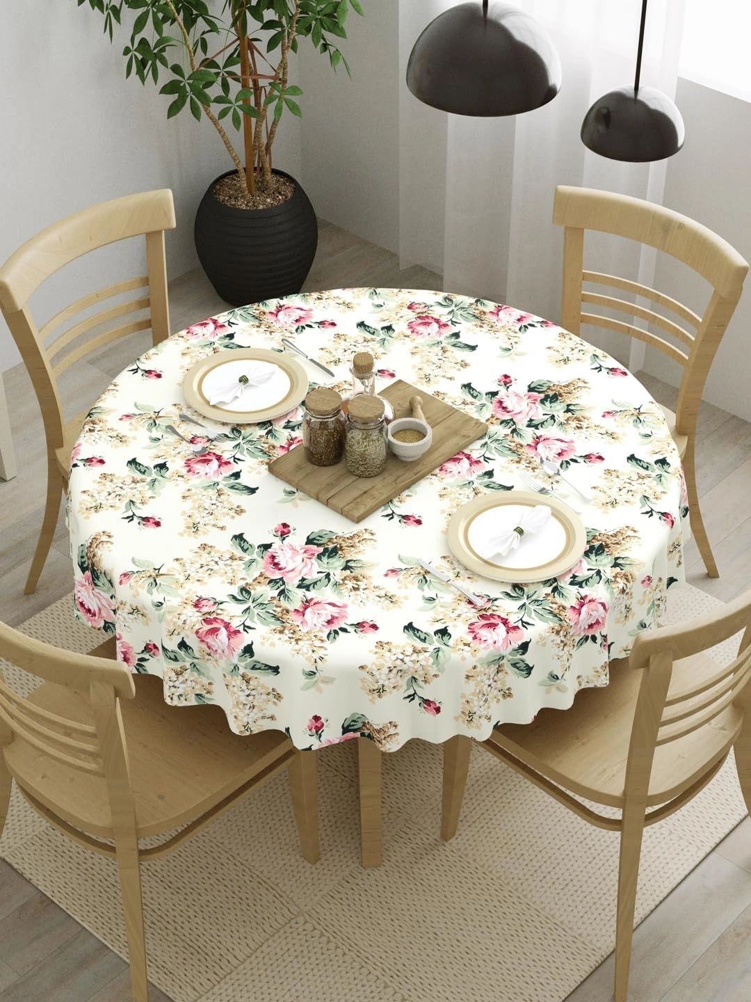 Myntra Elegant Homes Cream-Coloured Floral Cotton Round 4-Seater Table Cover-picture-42