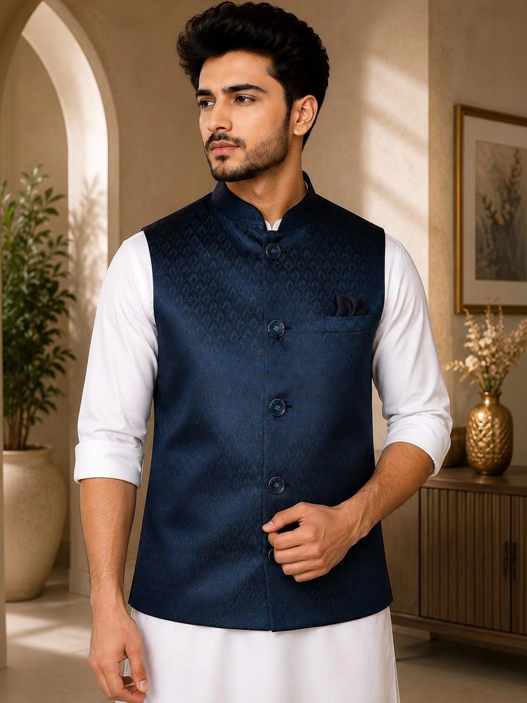 WANAS Woven Design Mandarin Collar Nehru Jacket-picture-11