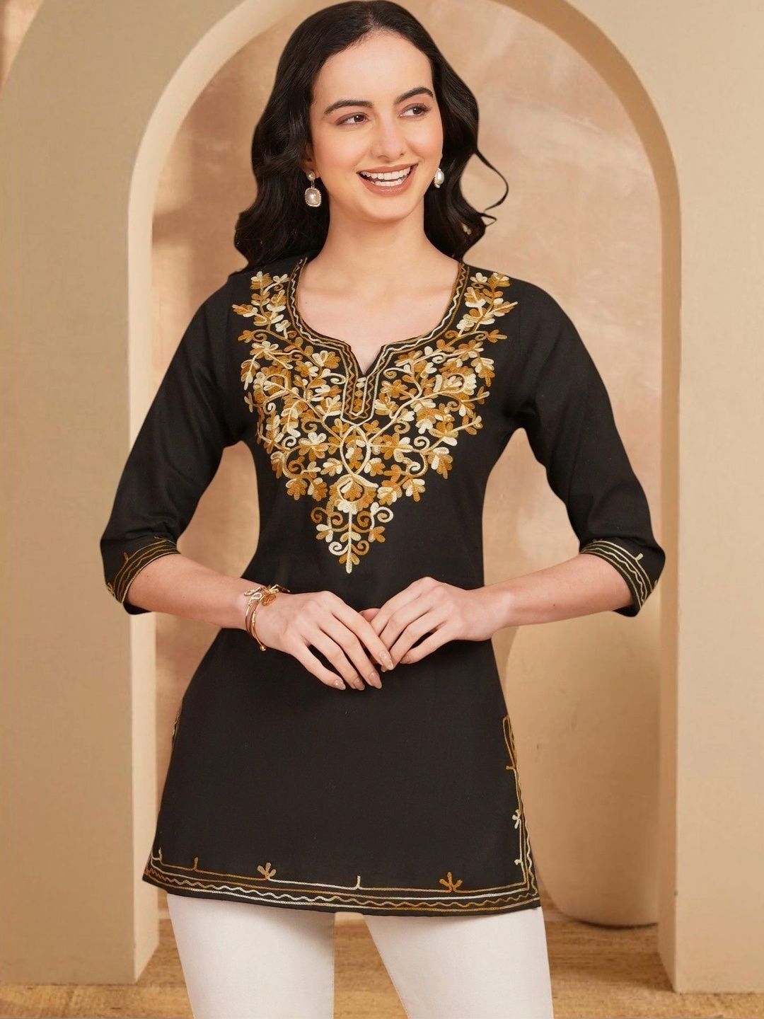 Anouk Rustic Floral Embroidered V-Neck Pure Cotton Blend Khadi Kurti-picture-19