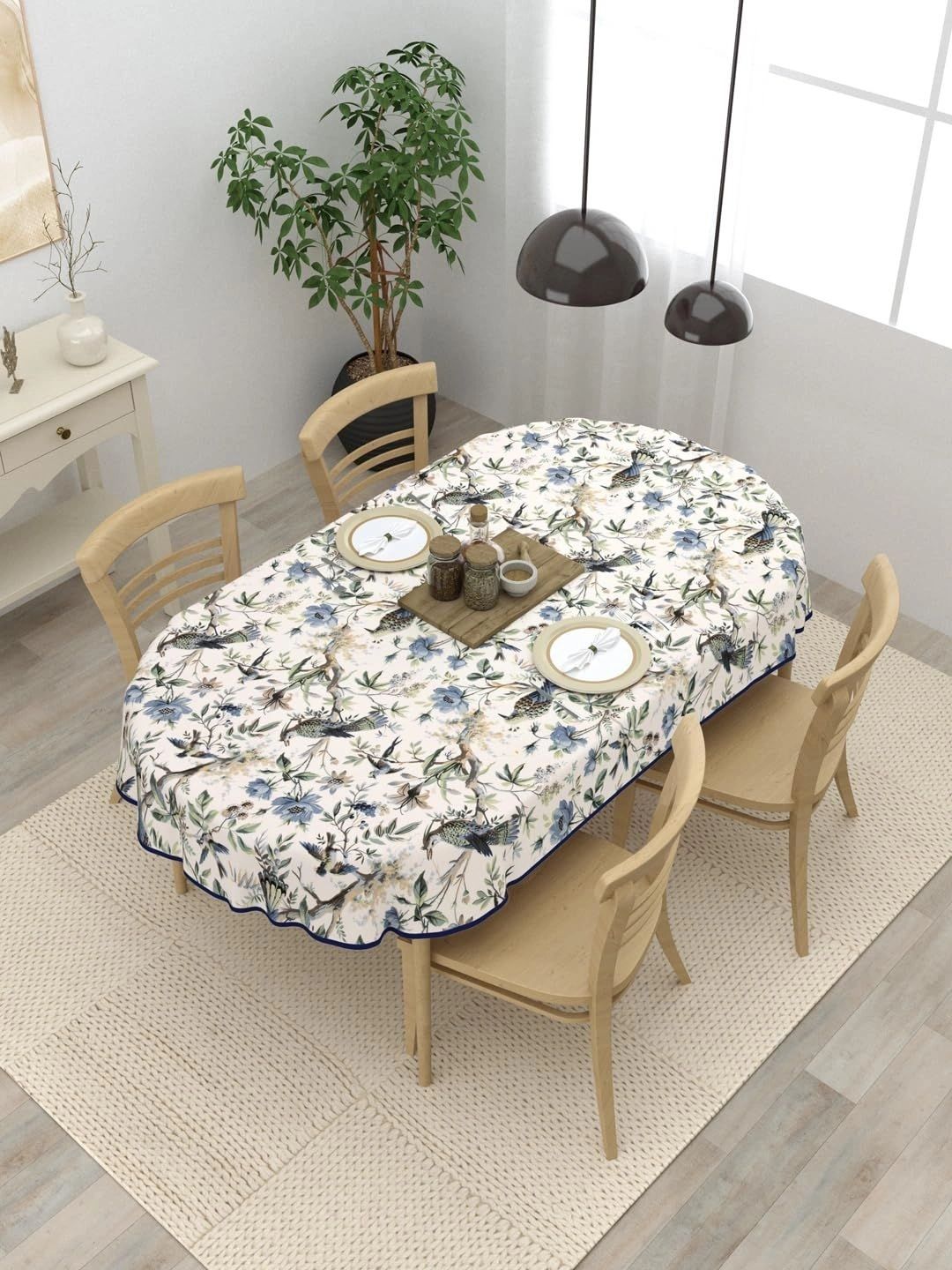 Aura White Floral Cotton Oval 4-Seater Table Cover-picture-17