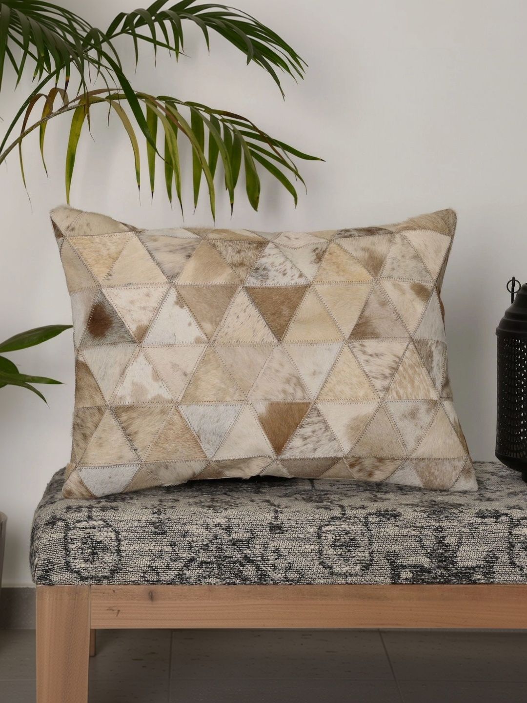 Homzz Beige Geometric Leather Blend Rectangle Cushion Covers-image-0