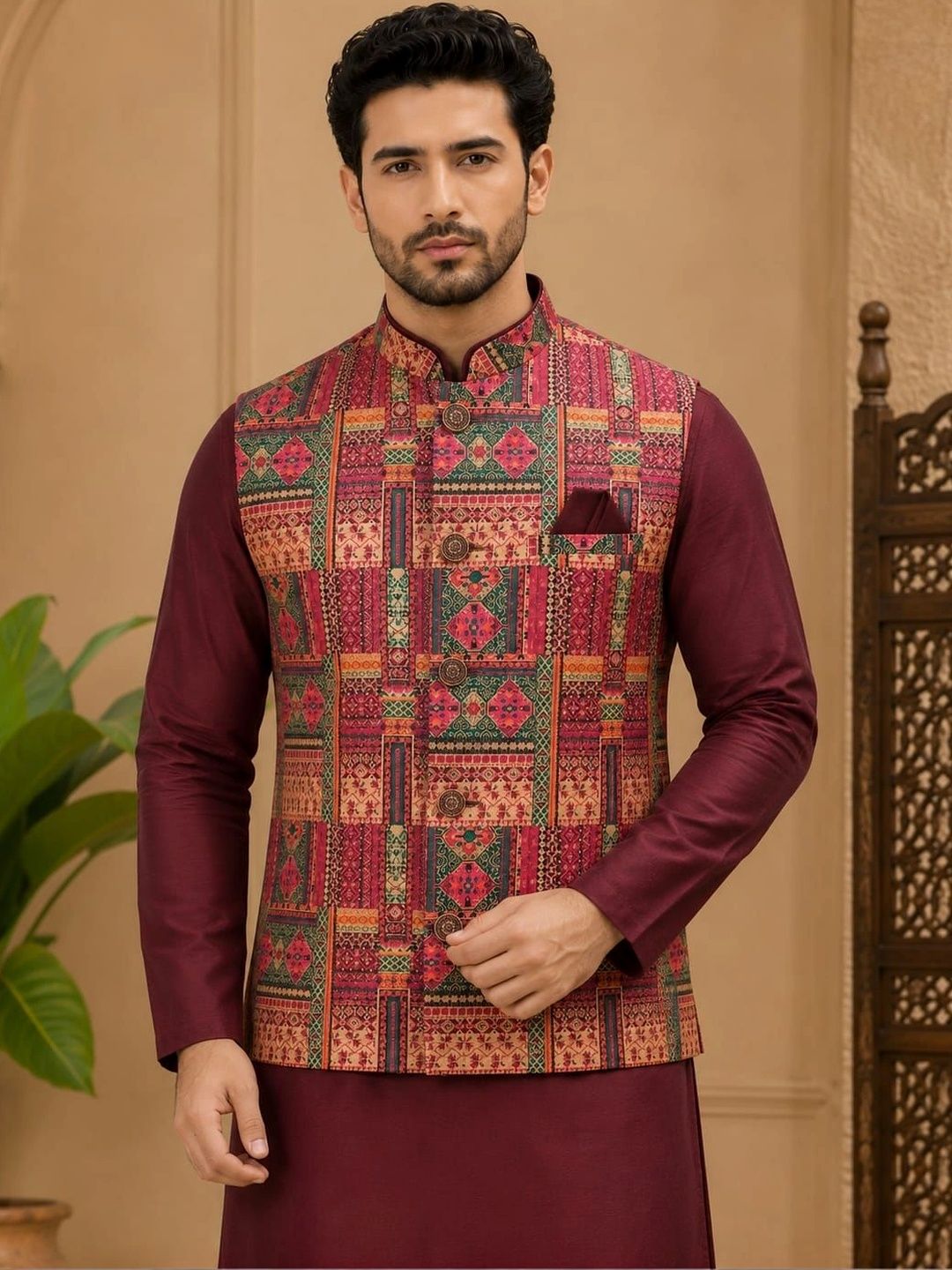 WANAS Geometric Printed Jacquard Mandarin Collar Nehru Jacket-picture-14
