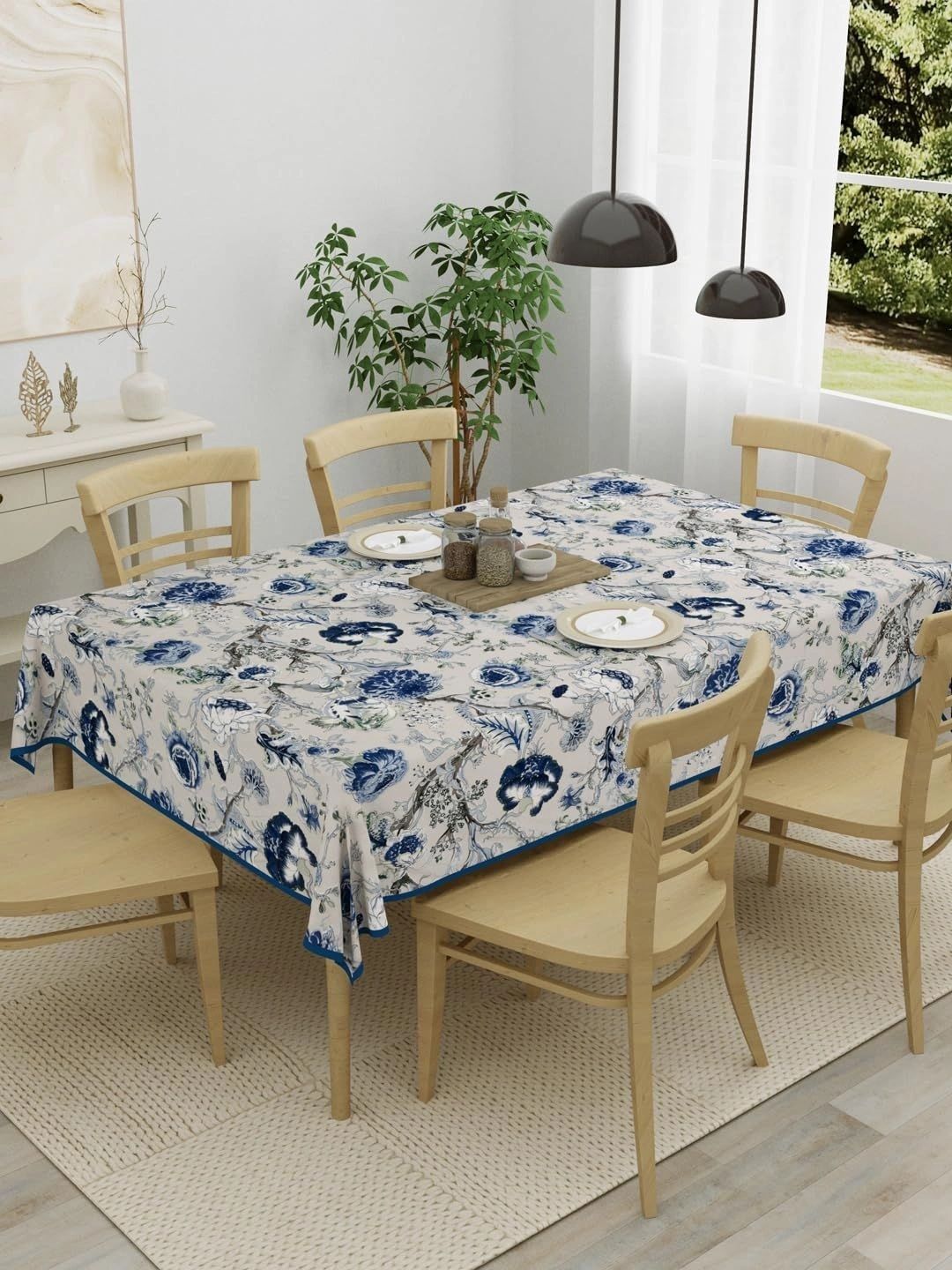 Myntra Elegant Homes Blue Floral Cotton 6-Seater Table Cover-picture-37