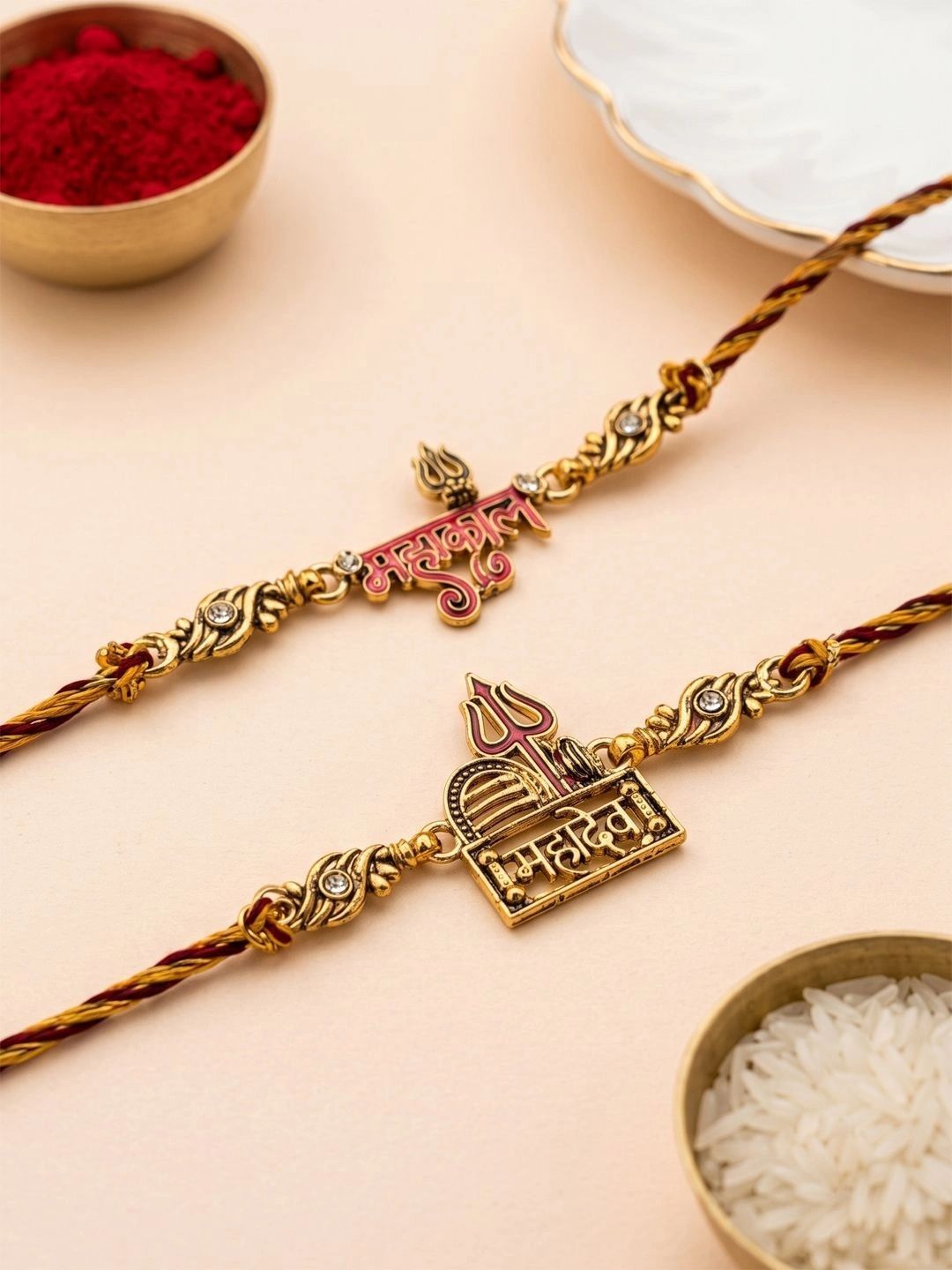 ADIVA Set of 2 Mahadev Thread Rakhis with Roli Chawal Chandan and Meshrei Card-picture-20